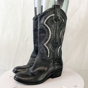 Reba Genuine Leather Womens Sz 6.5M Glitter Embellished‎ Western Black Boots
